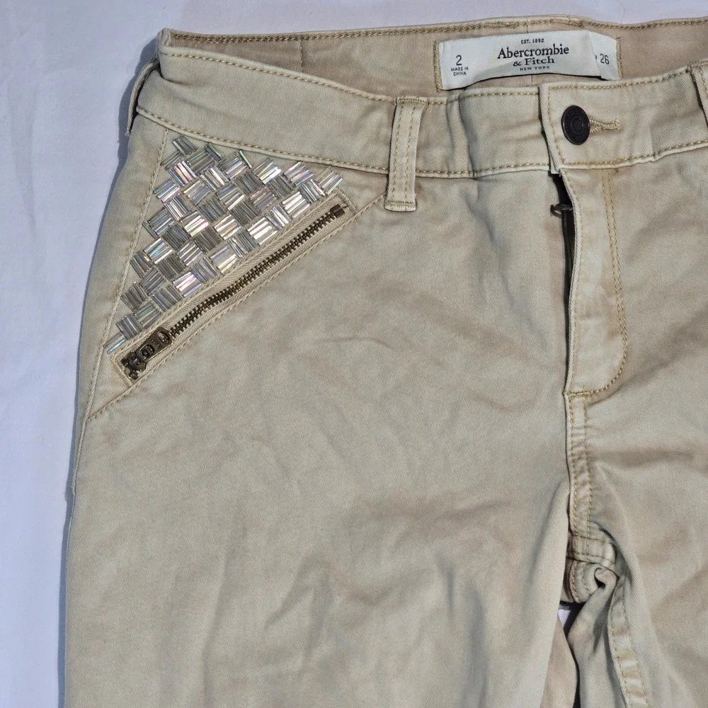 Abercrombie & Fitch Mid Rise Jegging Khaki Tan Studded Moto Pants Size 2 W26 - Picture 11 of 16